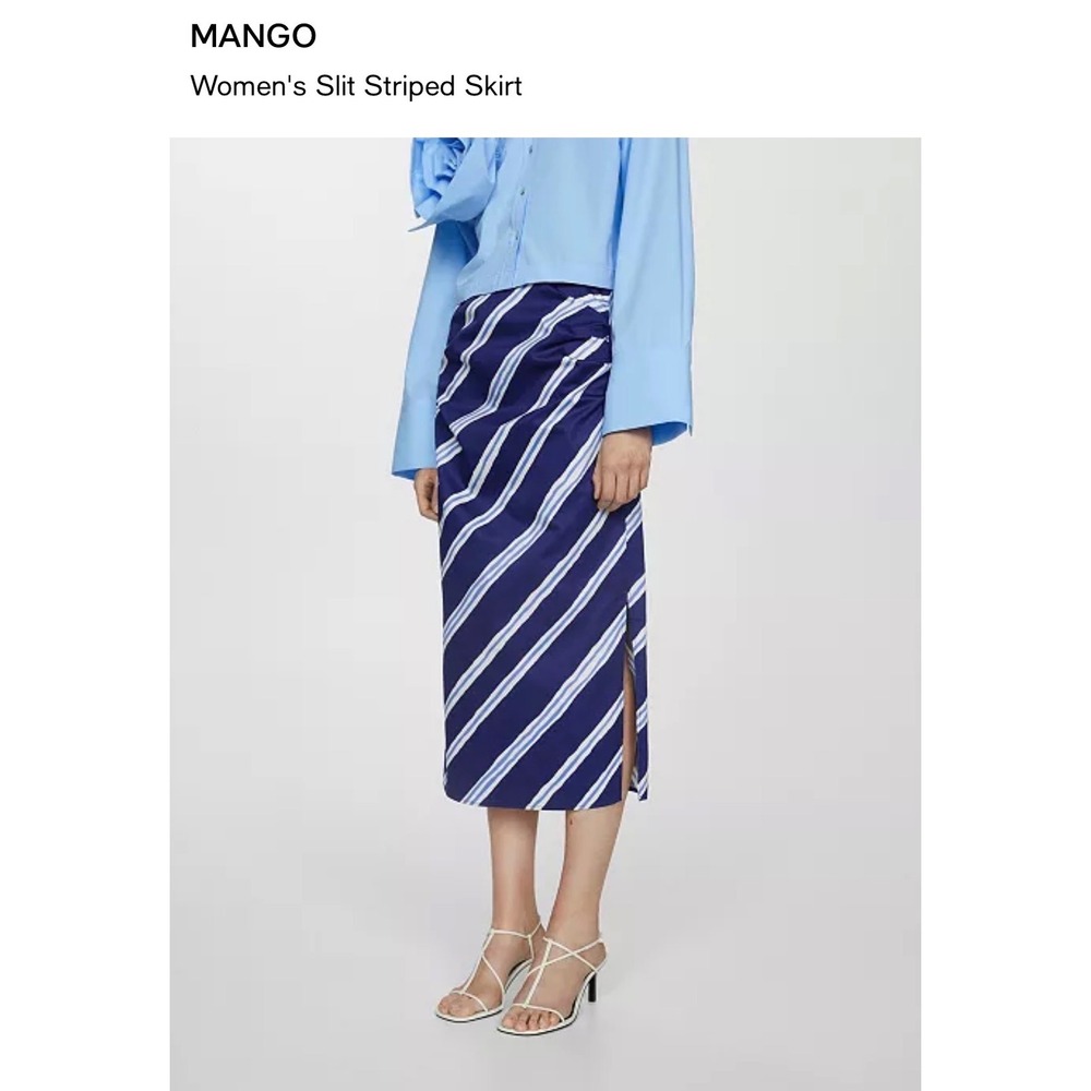 Mango Women Navy Blue Striped Ruched Midi Skirt Size 6 NEW